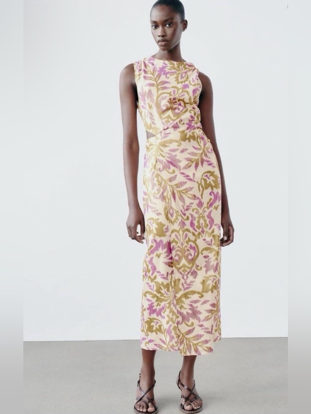 ZARA Florals Print Cut Out Midi Dress